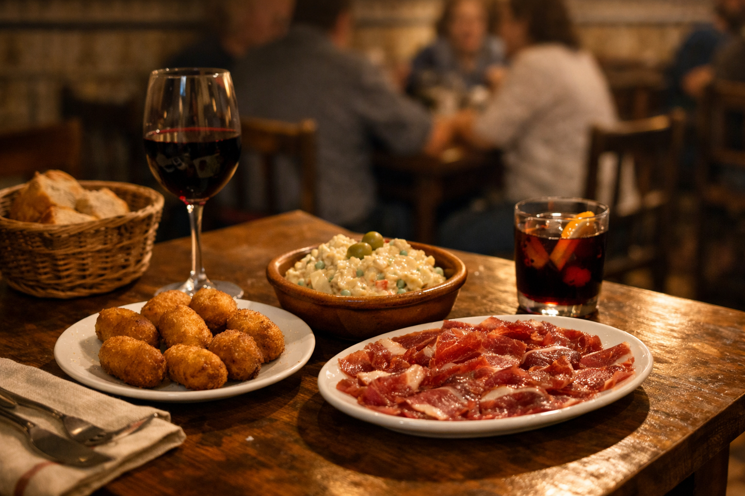 Mesa de taberna española en Valencia con croquetas caseras, ensaladilla rusa, jamón ibérico, pan artesanal y vino tinto en un ambiente tradicional y acogedor.