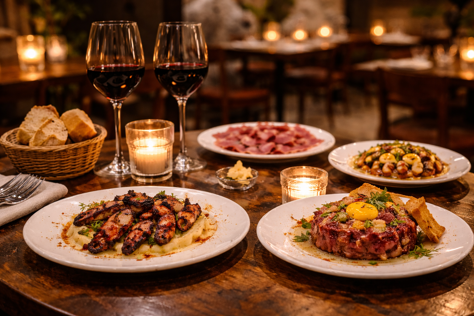 Mesa elegante en un restaurante de cocina española en Valencia con platos gourmet, vino tinto y ambiente acogedor, ideal para ocasiones especiales, celebraciones y cenas importantes.