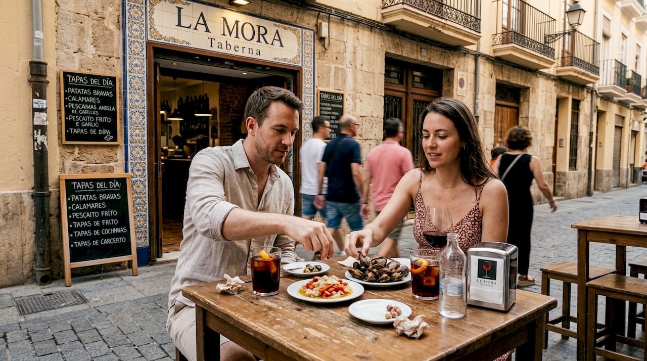 Una pareja saborea unas tapas típicas en un bar de Valencia