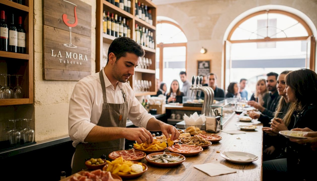 Un camarero sirve una variedad de tapas típicas en Valencia, mostrando lo mejor de la gastronomía local.